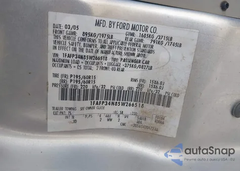 2005 Ford Focus Zx4 из США, поврежденный, VIN 1FAFP34N85W266518